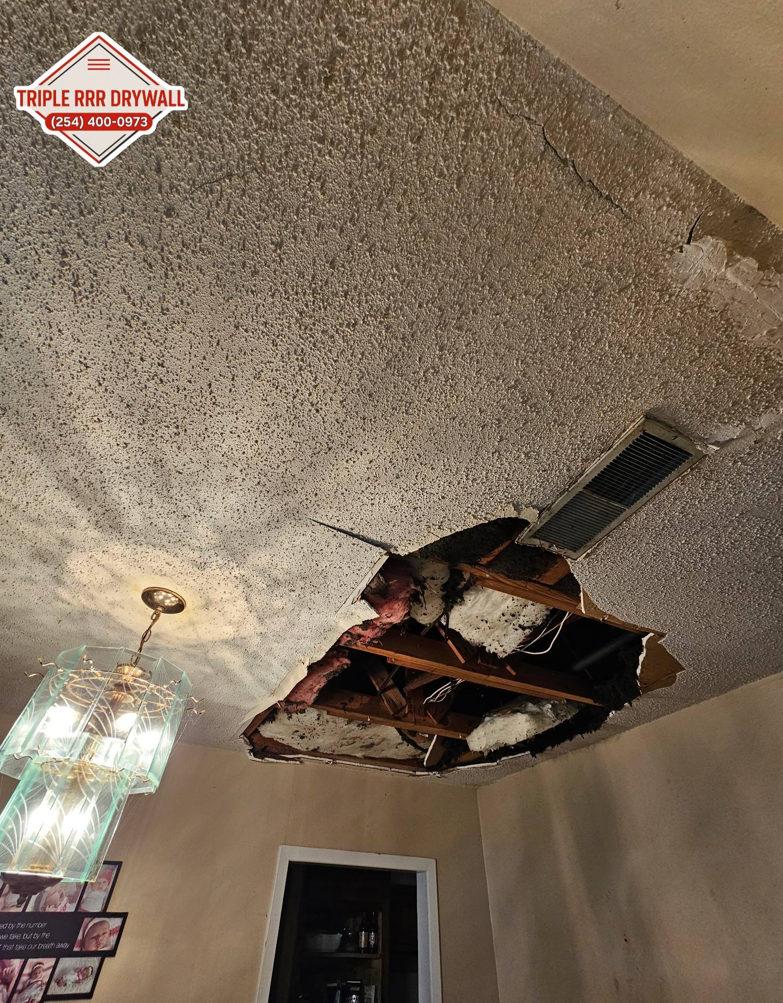 Damaged ceiling drywall before repair in a Waco Texas home